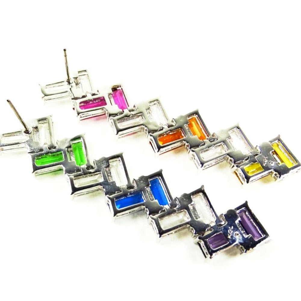 KURT GEIGER Rhodium Plated Multicolor Crystals Dangle Earrings - Picture 3 of 6